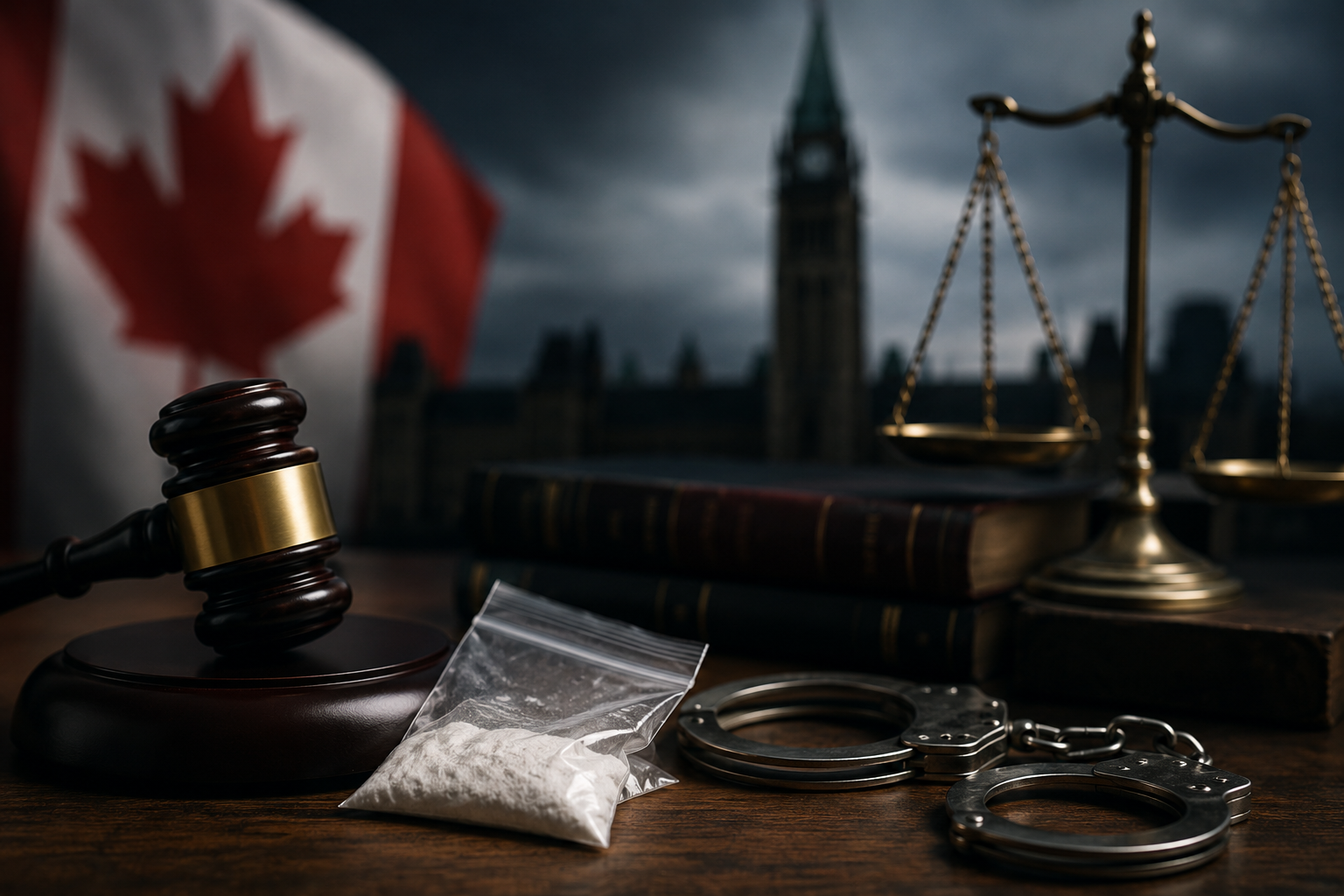 Canadian drug trafficking law concept with gavel, handcuffs, scales of justice, and Canadian flag in a courtroom setting